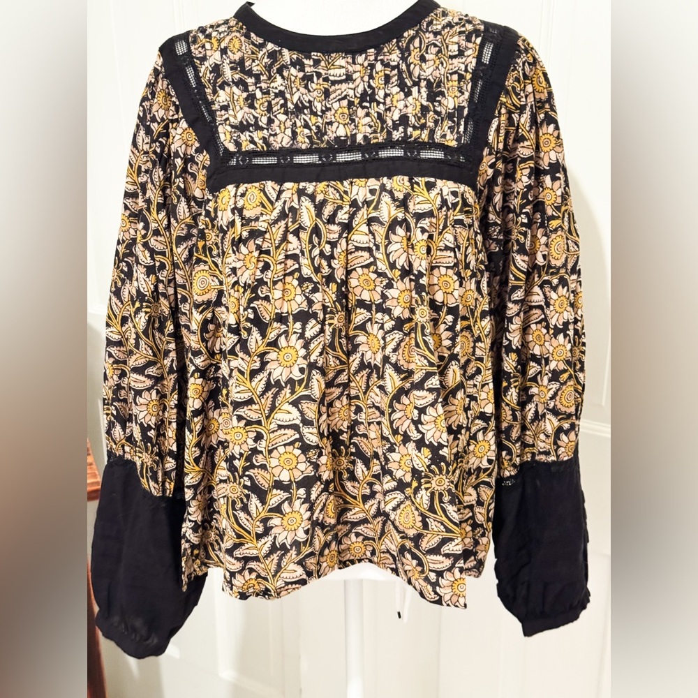 Cleobella Black and Yellow Floral Blouse 100% Cotton w/ Crochet Accent Sz L Boho